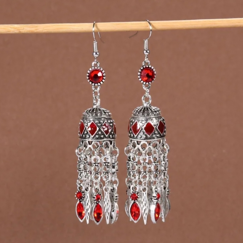 Jhumkas Earrings Red Rhinestones and Silver Drop Earrings